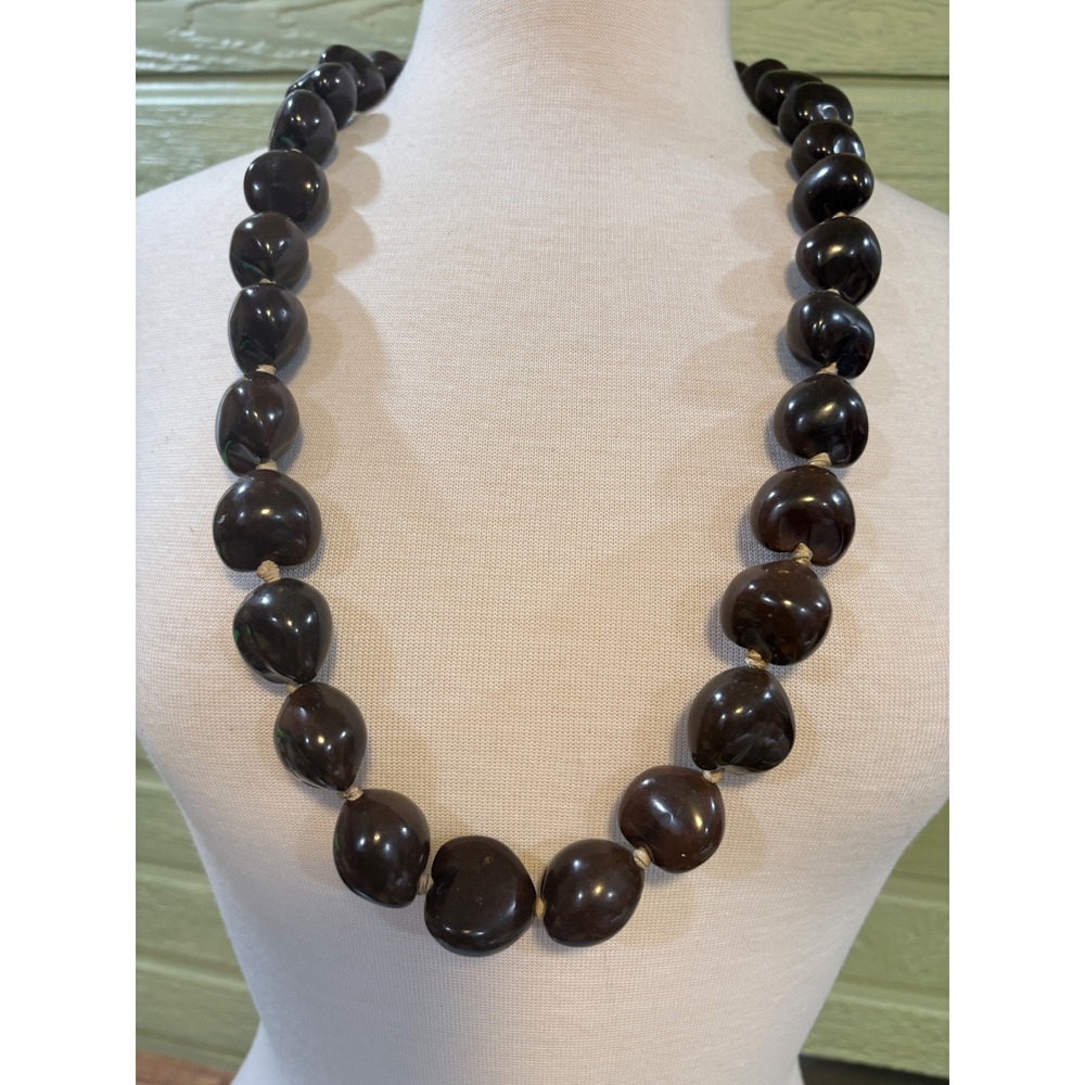 Handmade Hawaiian Kukui Nut Lei Necklace Dark Brown Polished Ribbon Tie 34"